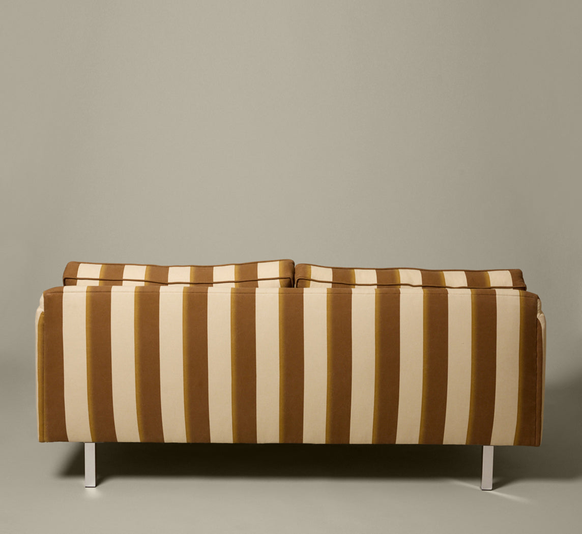 MID CENTURY LOVE SEAT IN PIERCE & WARD PALERMO STRIPE