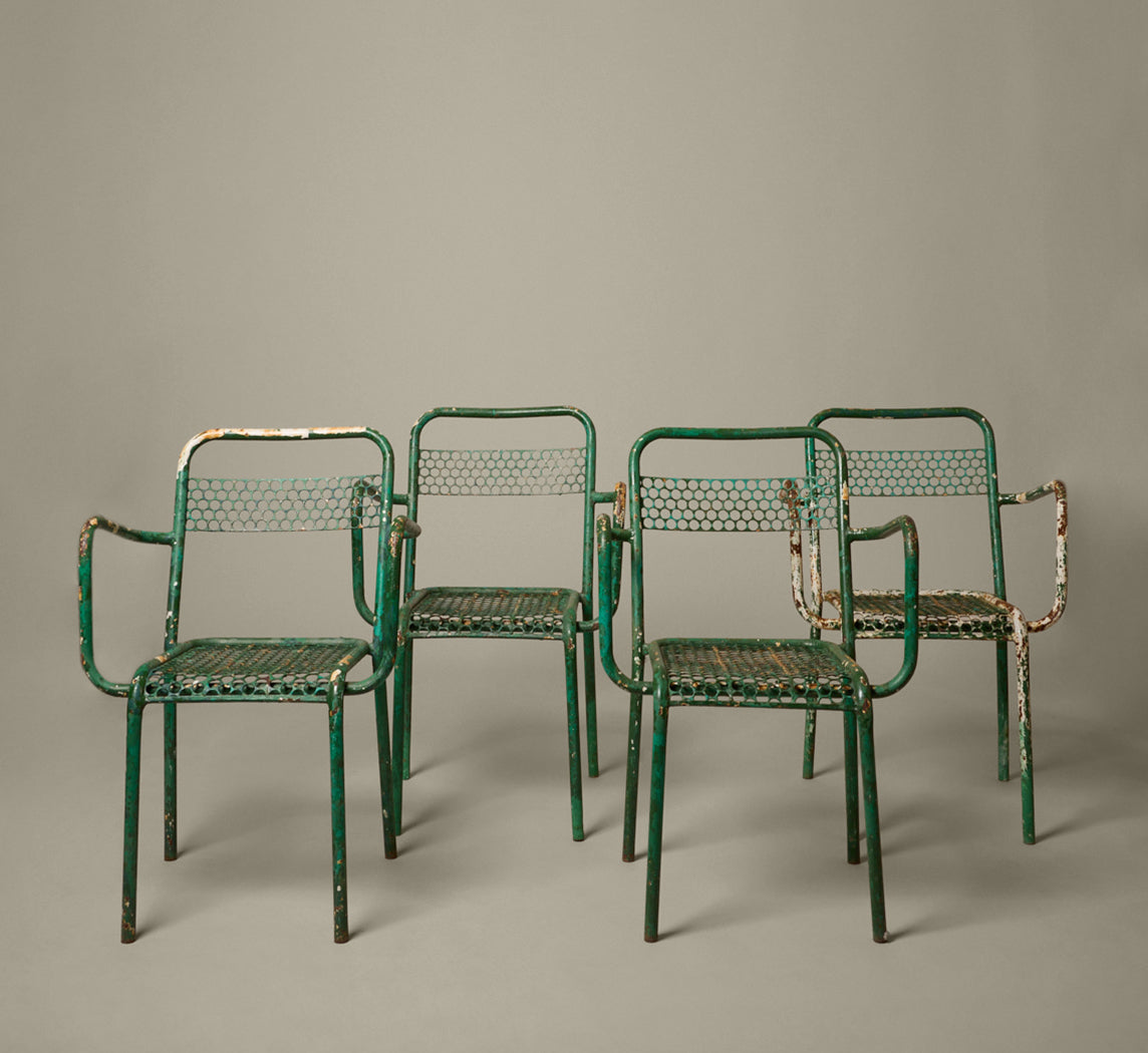 1950S FRENCH IRON GARDEN DINING SET ATTR. TO RENÉ MALAVAL