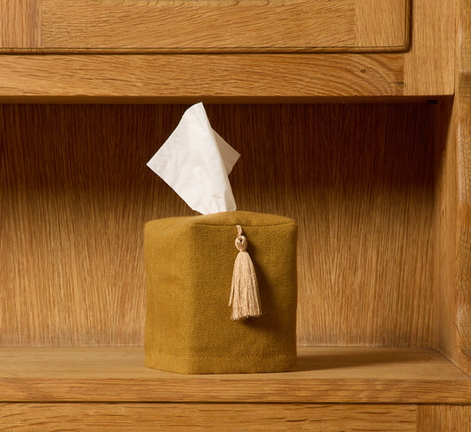PIERCE & WARD CUMIN LINEN TISSUE BOX COVER WITH TASSEL