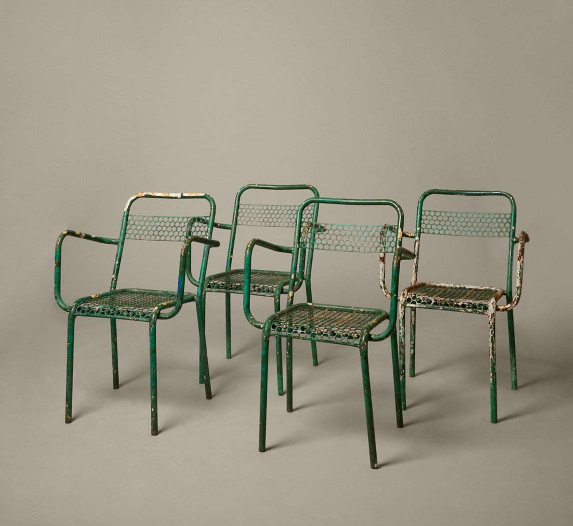 1950S FRENCH IRON GARDEN DINING SET ATTR. TO RENÉ MALAVAL