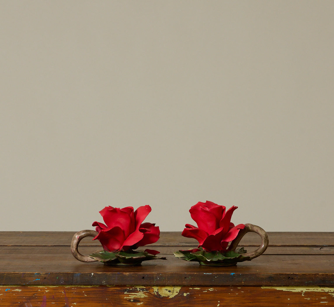 PAIR OF VINTAGE ITALIAN PORCELAIN RED ROSE CANDLESTICK HOLDERS