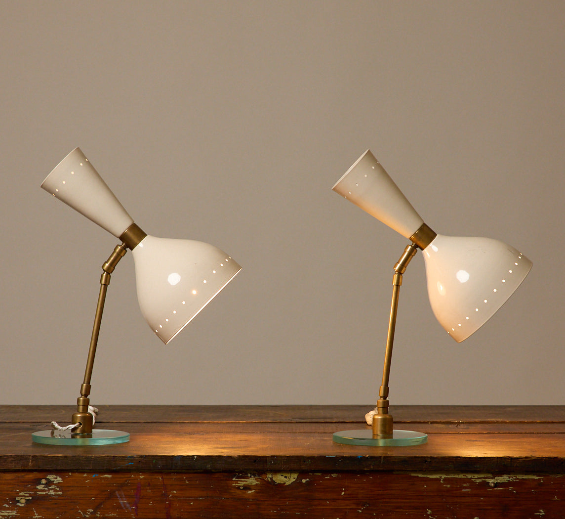 PAIR OF 1950S ITALIAN WHITE ENAMEL DIABLO TABLE LAMPS