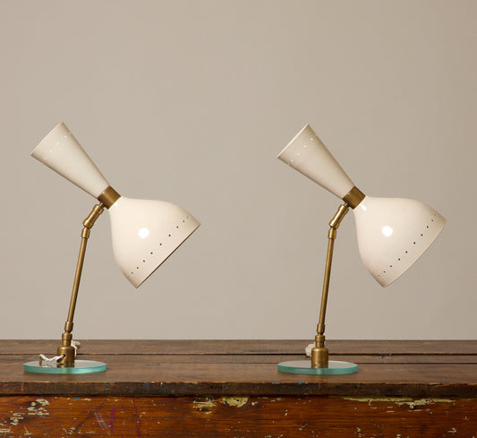 PAIR OF 1950S ITALIAN WHITE ENAMEL DIABLO TABLE LAMPS