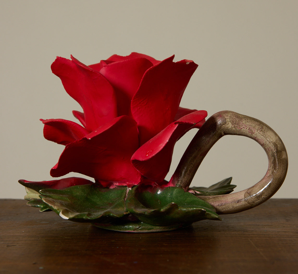 PAIR OF VINTAGE ITALIAN PORCELAIN RED ROSE CANDLESTICK HOLDERS