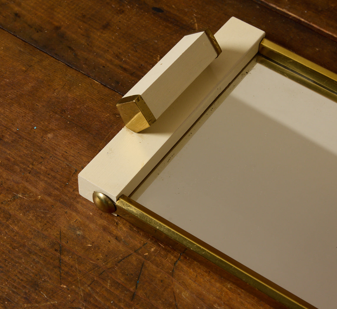 1920S ART DECO BRASS & WOOD MIRRORED TRAY