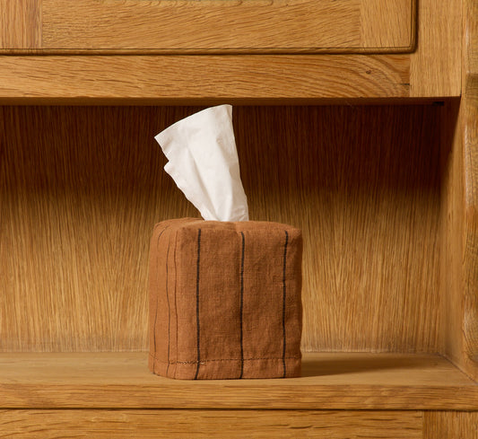 PIERCE & WARD CARAMEL LINEN STRIPE TISSUE BOX COVER