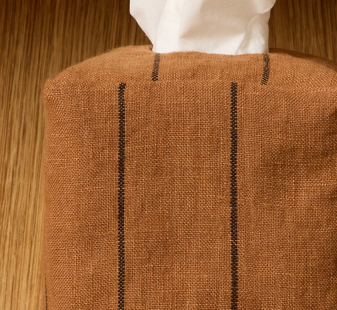 PIERCE & WARD CARAMEL LINEN STRIPE TISSUE BOX COVER