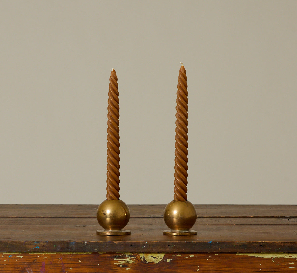 PAIR OF HEAVY DANISH MIDCENTURY BRASS ORB CANDLESTICK HOLDERS