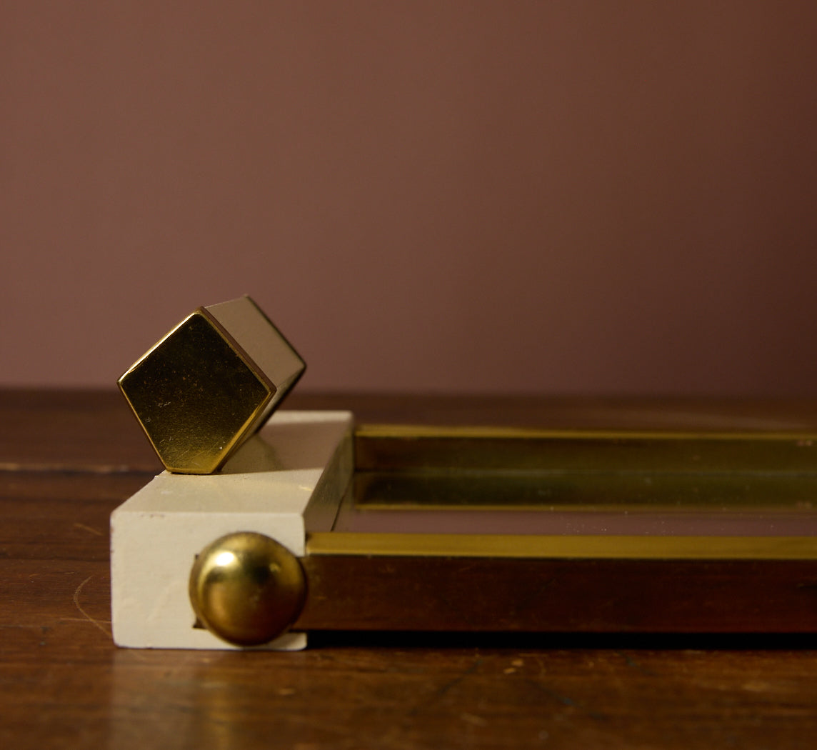 1920S ART DECO BRASS & WOOD MIRRORED TRAY