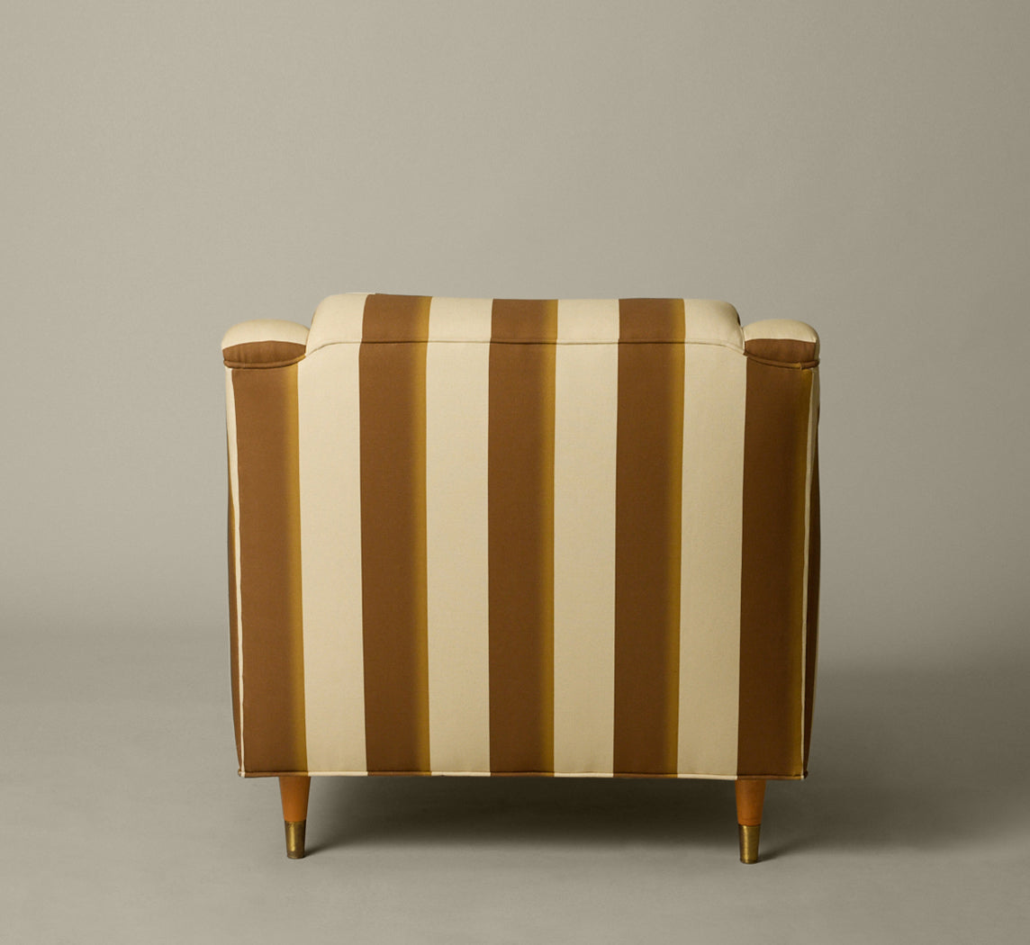 MID CENTURY MODERN ARMCHAIR & OTTOMAN IN PIERCE & WARD PALERMO STRIPE