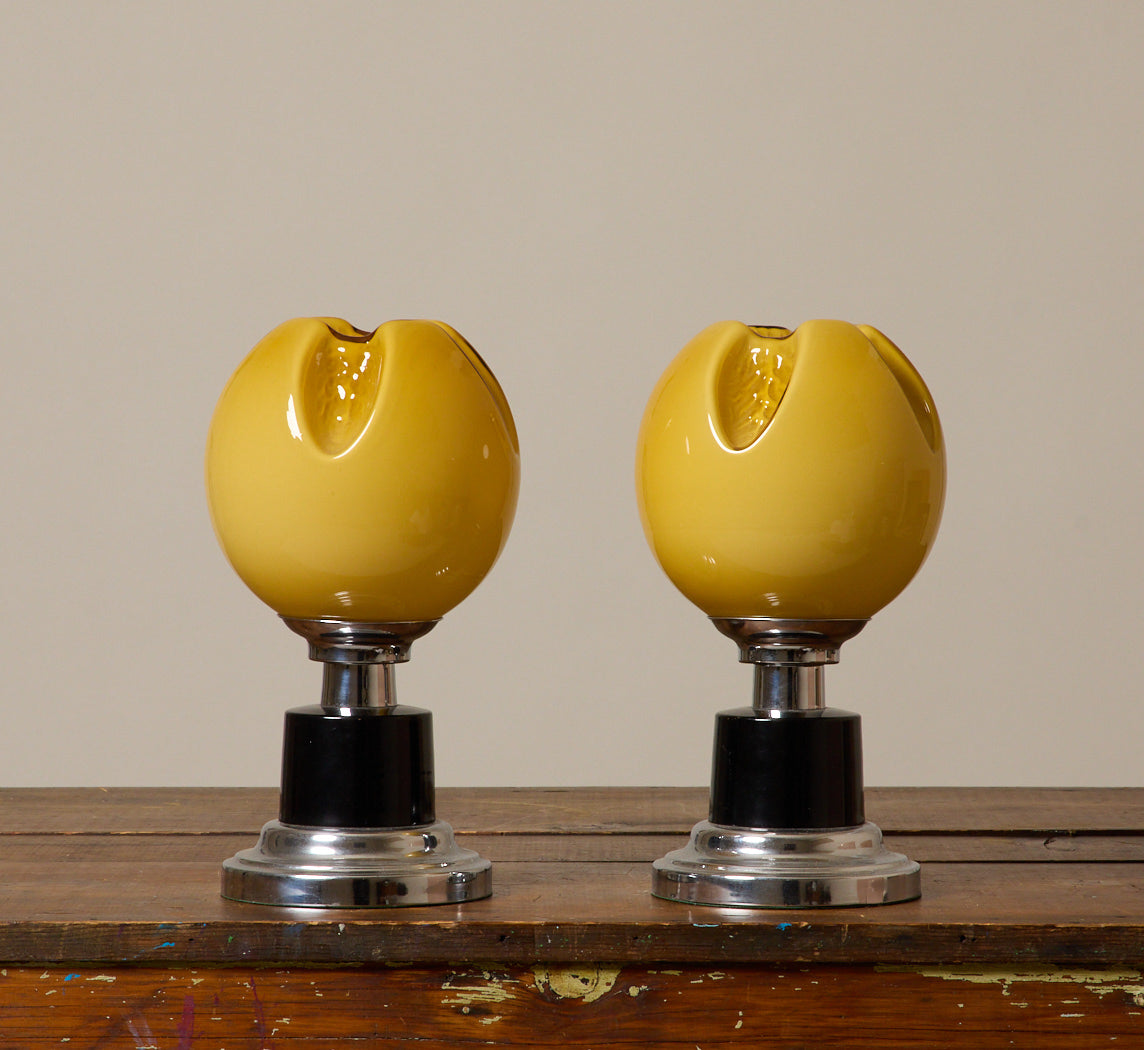 PAIR OF 1920S FRENCH ART DECO BEDSIDE TABLE LAMPS, BLACK, CHROME AND YELLOW