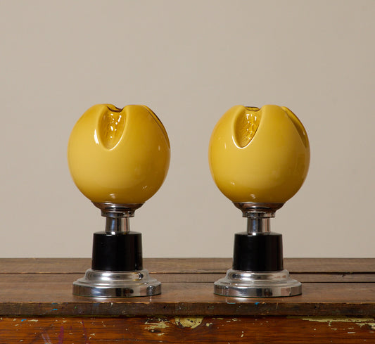 PAIR OF 1920S FRENCH ART DECO BEDSIDE TABLE LAMPS, BLACK, CHROME AND YELLOW