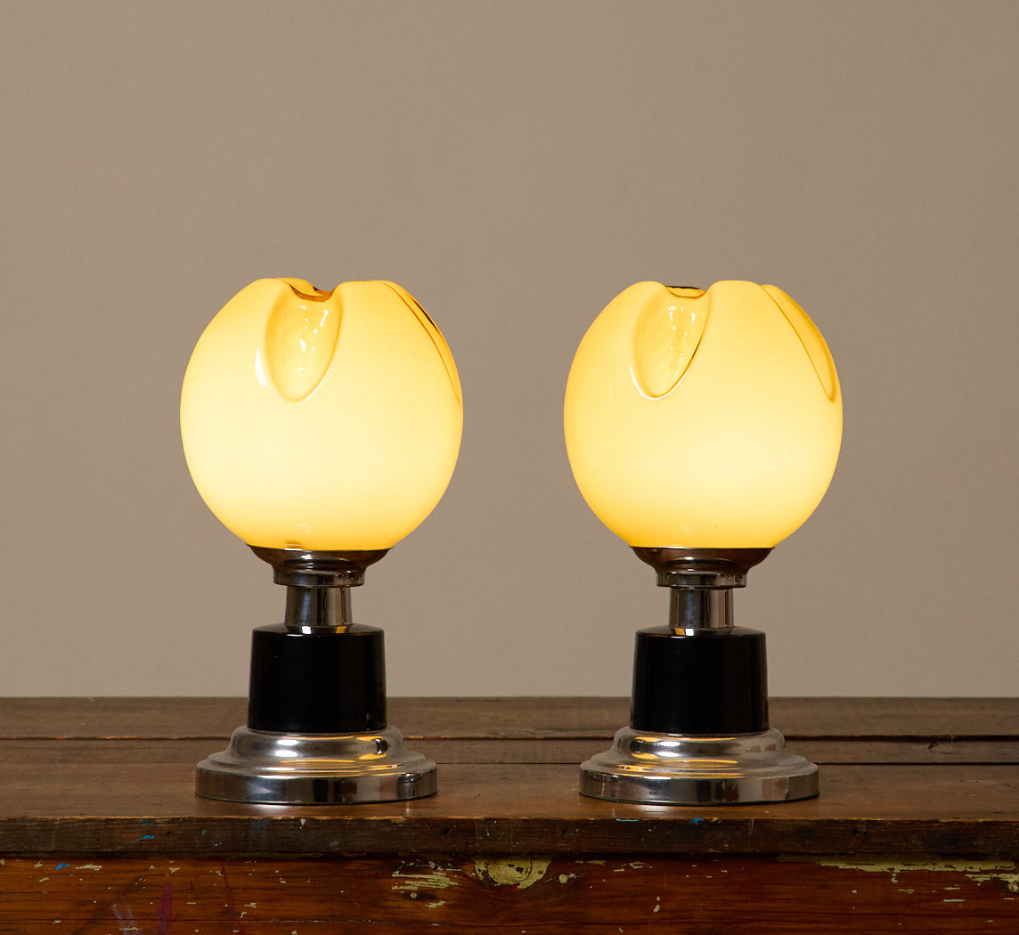 PAIR OF 1920S FRENCH ART DECO BEDSIDE TABLE LAMPS, BLACK, CHROME AND YELLOW