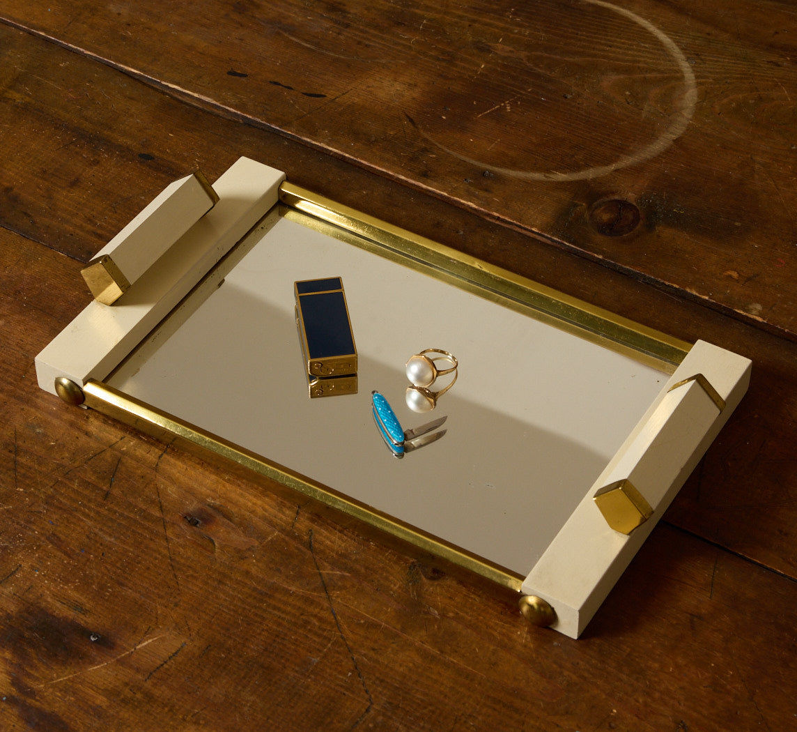 1920S ART DECO BRASS & WOOD MIRRORED TRAY