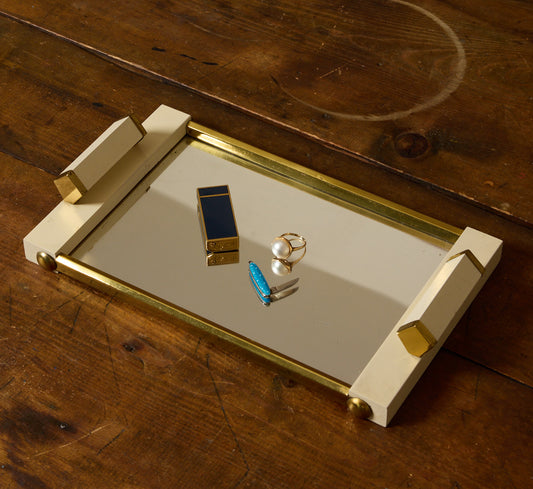 1920S ART DECO BRASS & WOOD MIRRORED TRAY