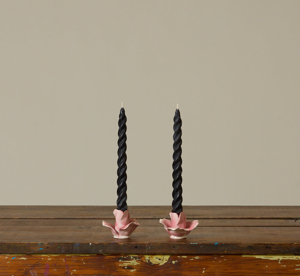 PAIR OF VINTAGE ITALIAN PORCELAIN PINK ROSE CANDLESTICK HOLDERS