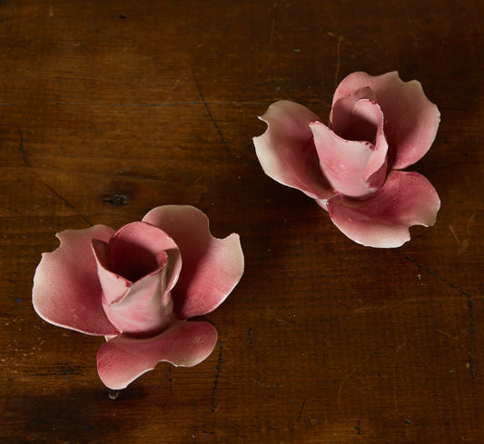 PAIR OF VINTAGE ITALIAN PORCELAIN PINK ROSE CANDLESTICK HOLDERS