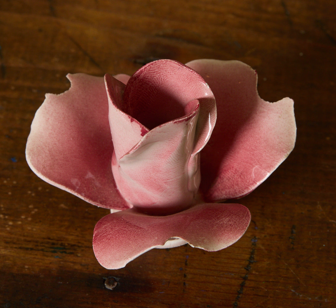 PAIR OF VINTAGE ITALIAN PORCELAIN PINK ROSE CANDLESTICK HOLDERS