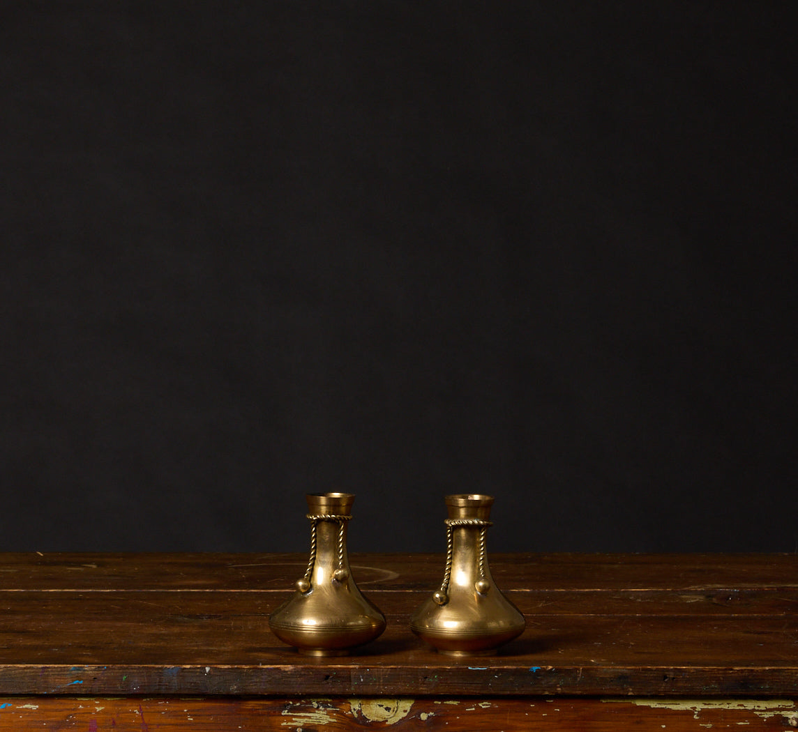 PAIR OF VINTAGE BRASS CANDLESTICK HOLDERS WITH ROPE TASSELS