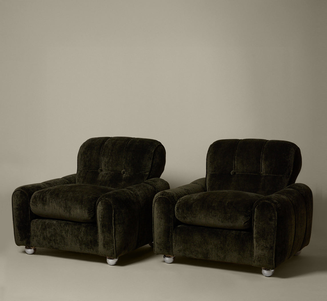 PAIR OF SPACE AGE ITALIAN ARMCHAIRS IN OXIDE VELVET