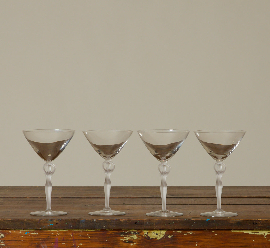 SET OF 4 ART DECO CRYSTAL MARTINI GLASS WITH FROSTED FIGURAL STEM BY BAYEL FRANCE