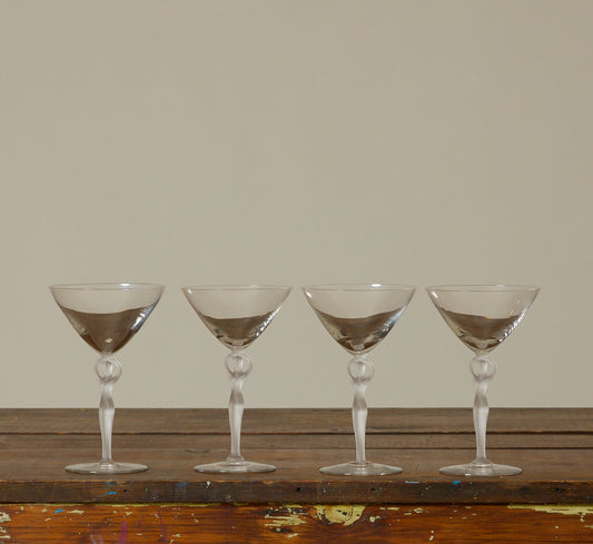 SET OF 4 ART DECO CRYSTAL MARTINI GLASS WITH FROSTED FIGURAL STEM BY BAYEL FRANCE