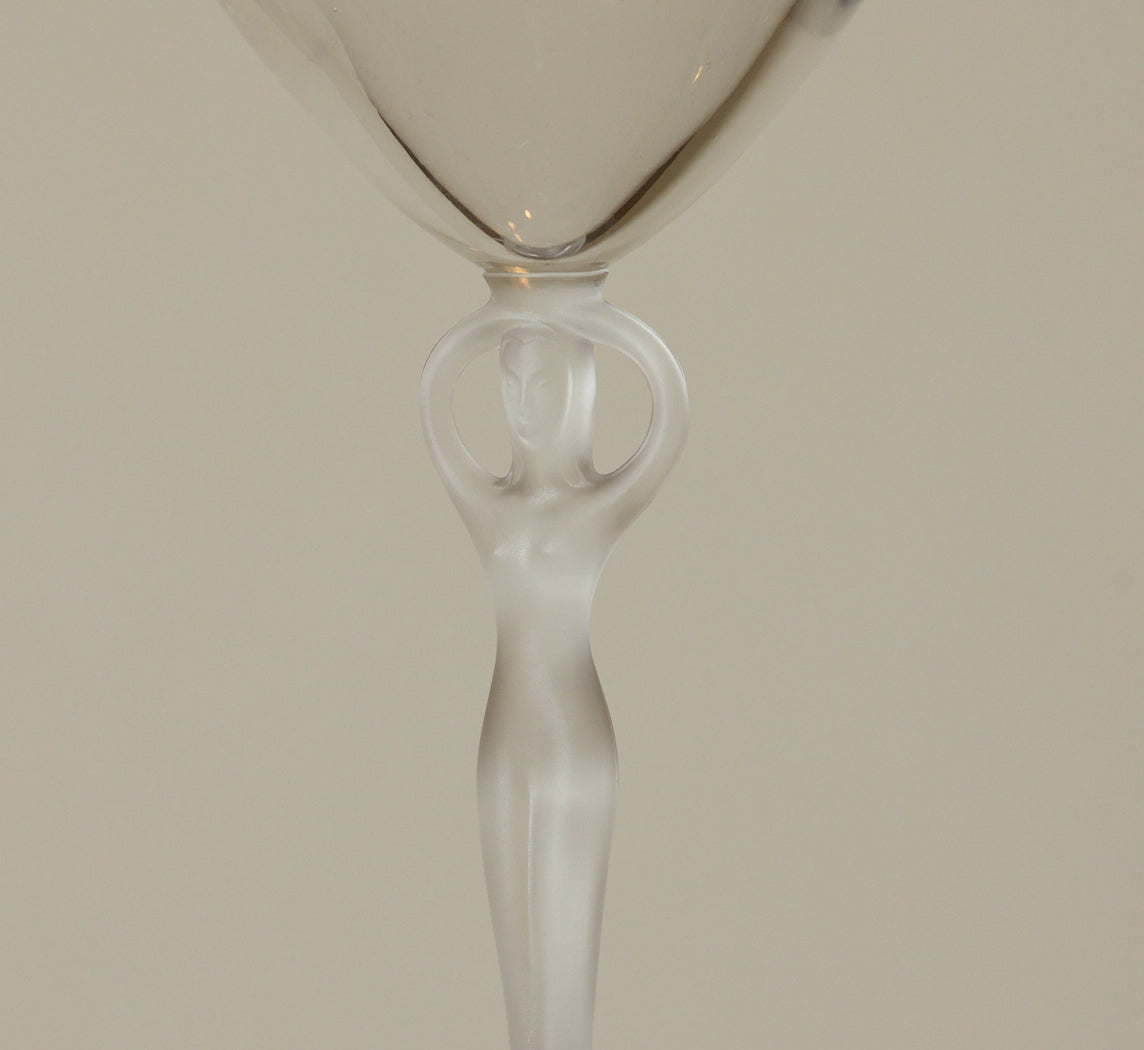 SET OF 4 ART DECO CRYSTAL MARTINI GLASS WITH FROSTED FIGURAL STEM BY BAYEL FRANCE