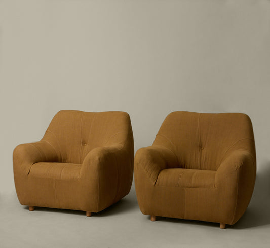 PAIR OF 1970S DUTCH LOUNGE CHAIRS IN TURMERIC LINEN