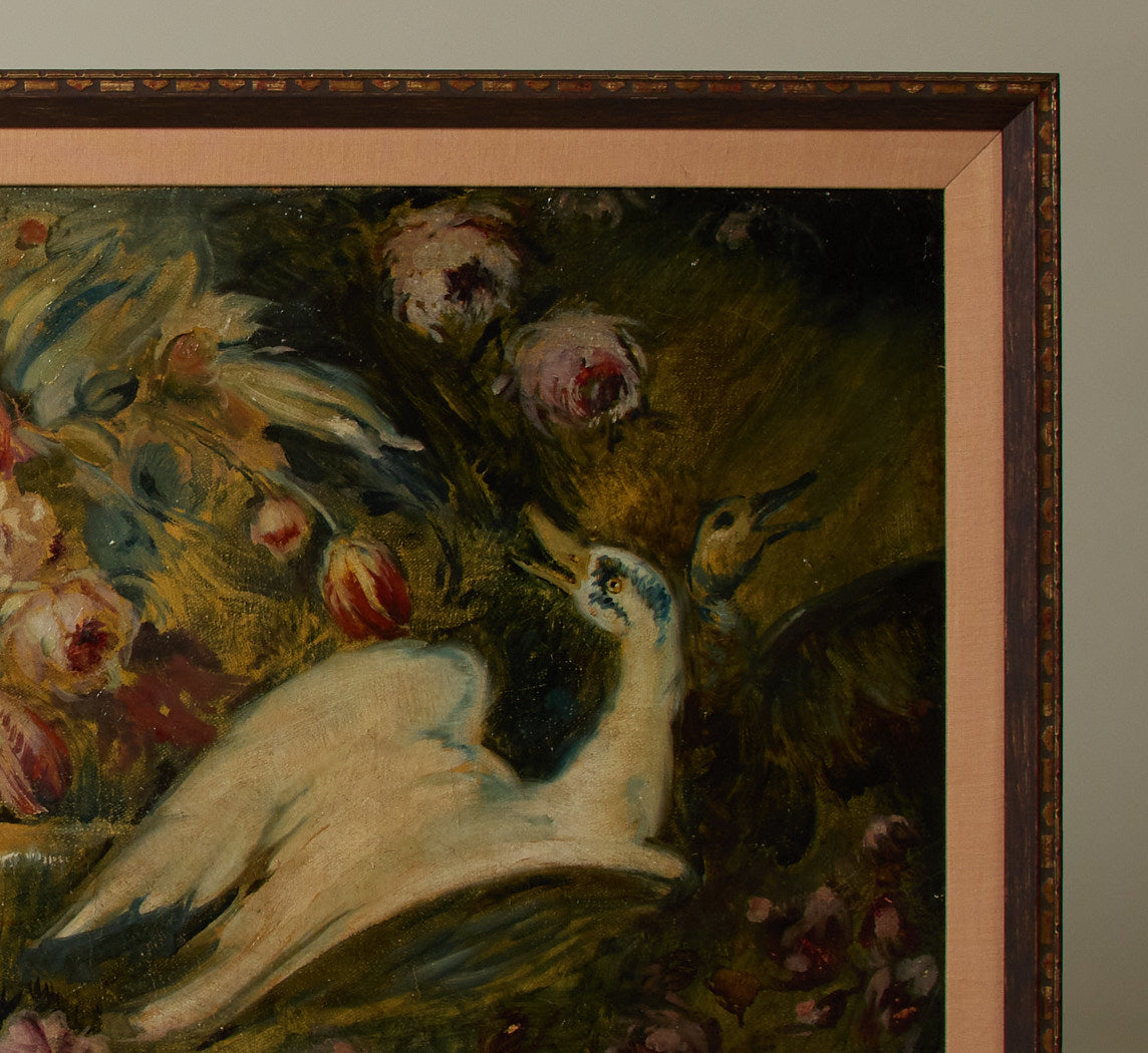 CIRCA 1910 SPANISH SCHOOL COMPOSITION OF BIRDS AND FLOWERS