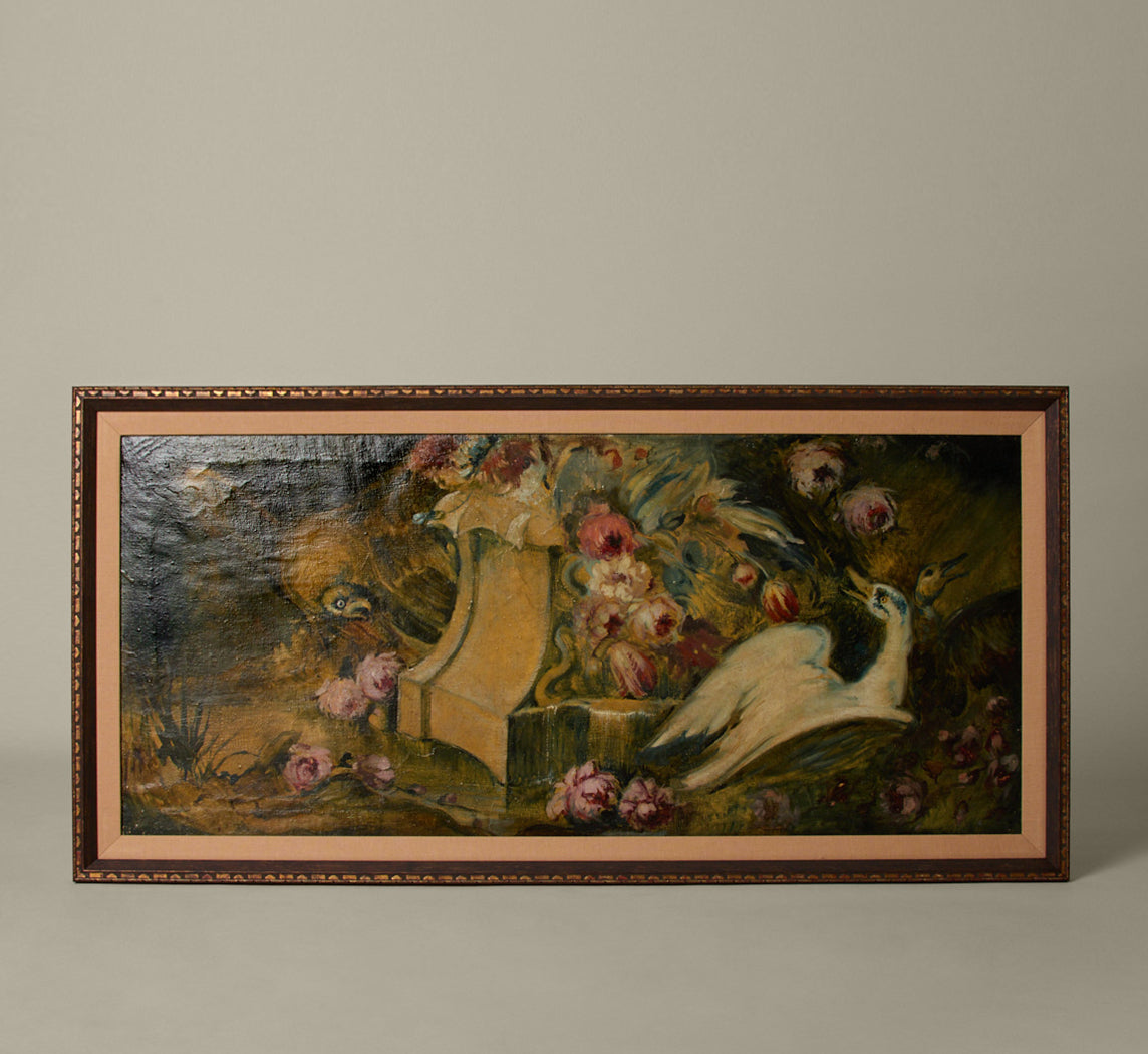 CIRCA 1910 SPANISH SCHOOL COMPOSITION OF BIRDS AND FLOWERS