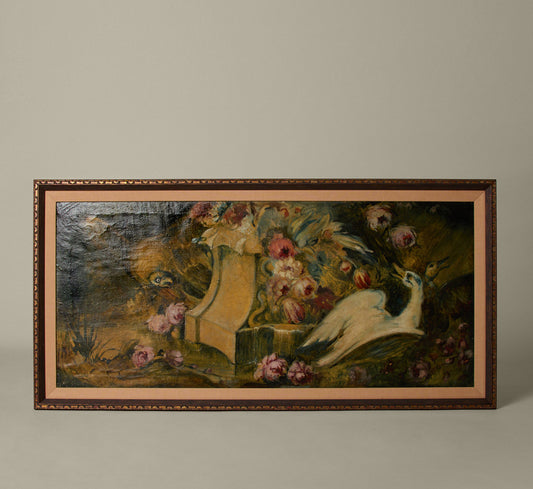 CIRCA 1910 SPANISH SCHOOL COMPOSITION OF BIRDS AND FLOWERS
