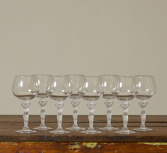 SET OF 8 ART DECO CRYSTAL WINE GLASSES WITH FROSTED FIGURAL STEM BY BAYEL FRANCE