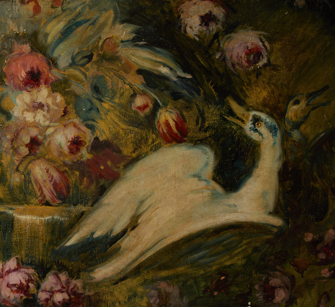 CIRCA 1910 SPANISH SCHOOL COMPOSITION OF BIRDS AND FLOWERS