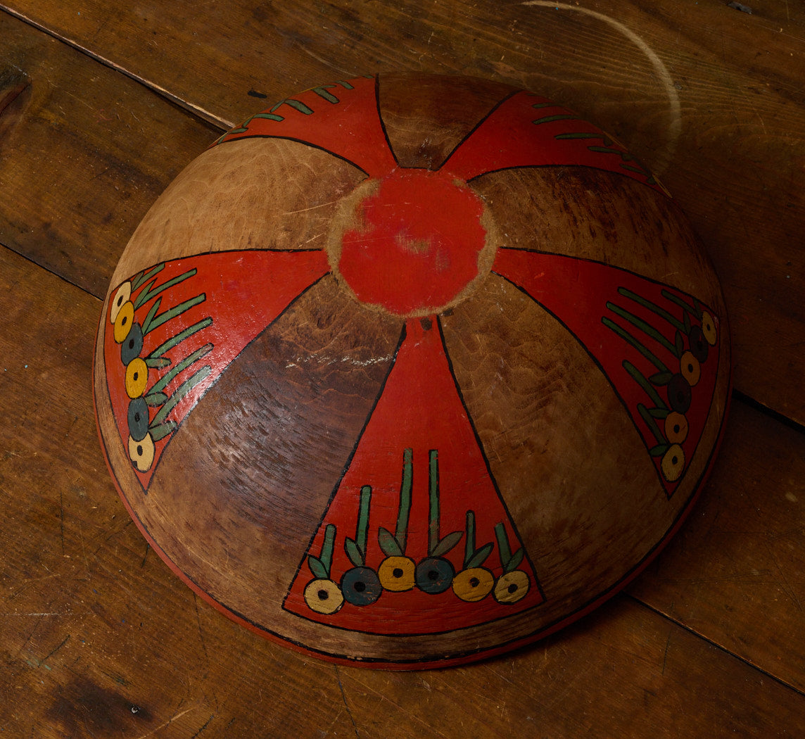 VINTAGE POLYCHROME FLORAL WOODEN BOWL