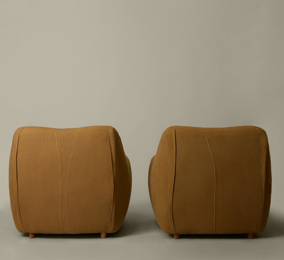 PAIR OF 1970S DUTCH LOUNGE CHAIRS IN TURMERIC LINEN