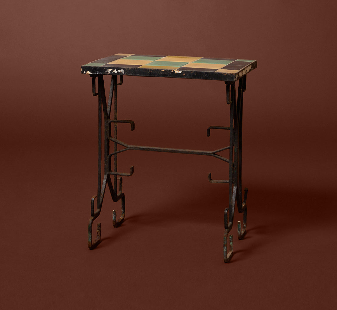 1920S ART DECO WROUGHT IRON & TILE GARDEN TABLE