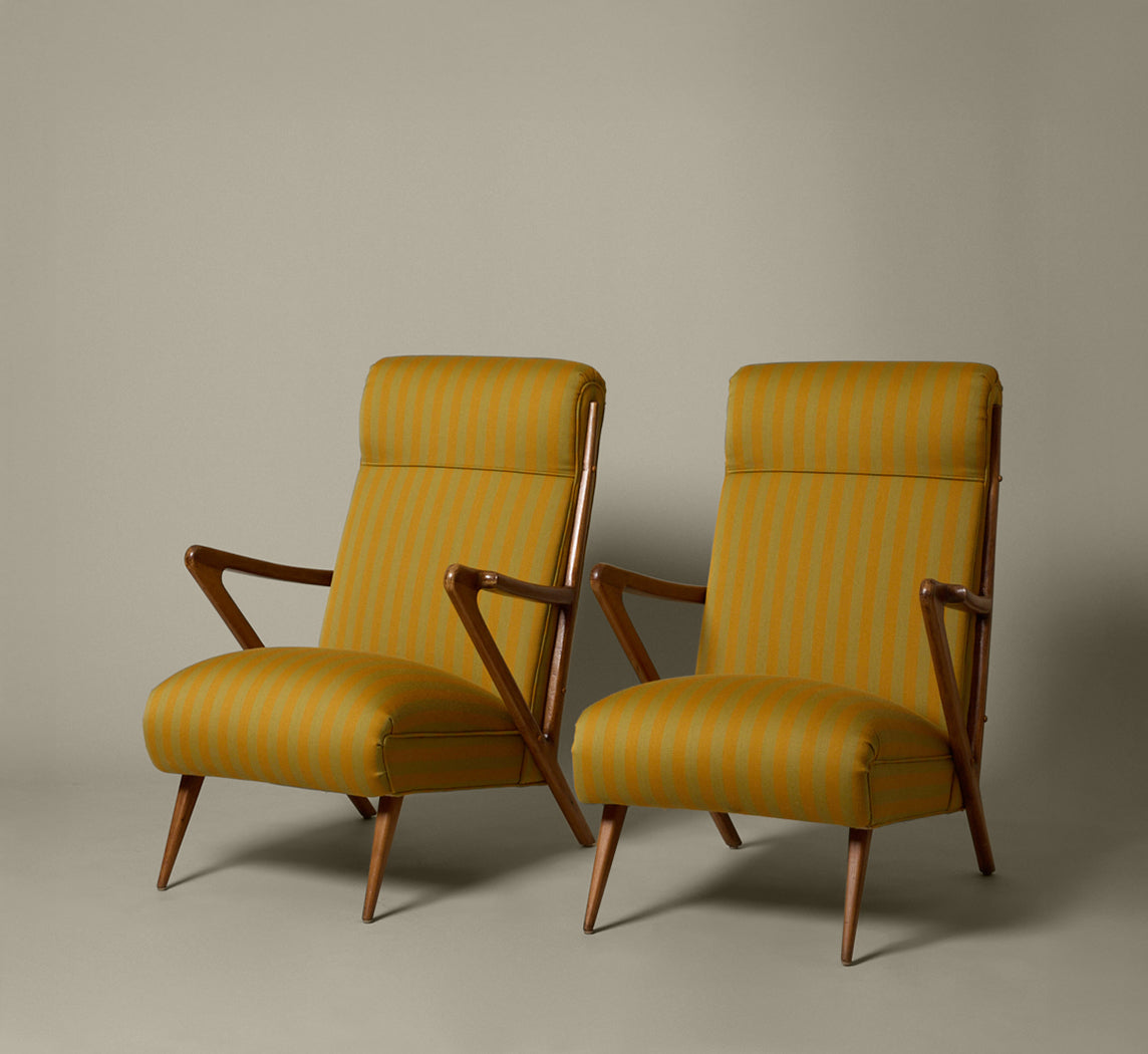 PAIR OF 1950S ITALIAN SCULPTURAL WALNUT UPHOLSTERED LOUNGE CHAIRS IN MAHARAM STRIPE