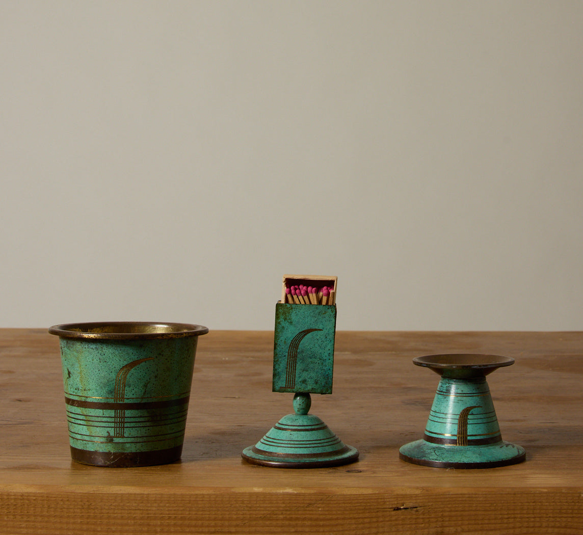 1920S ART DECO CANDLE & MATCHSTICK HOLDER SET BY PAUL HAUSTEIN FOR WMF