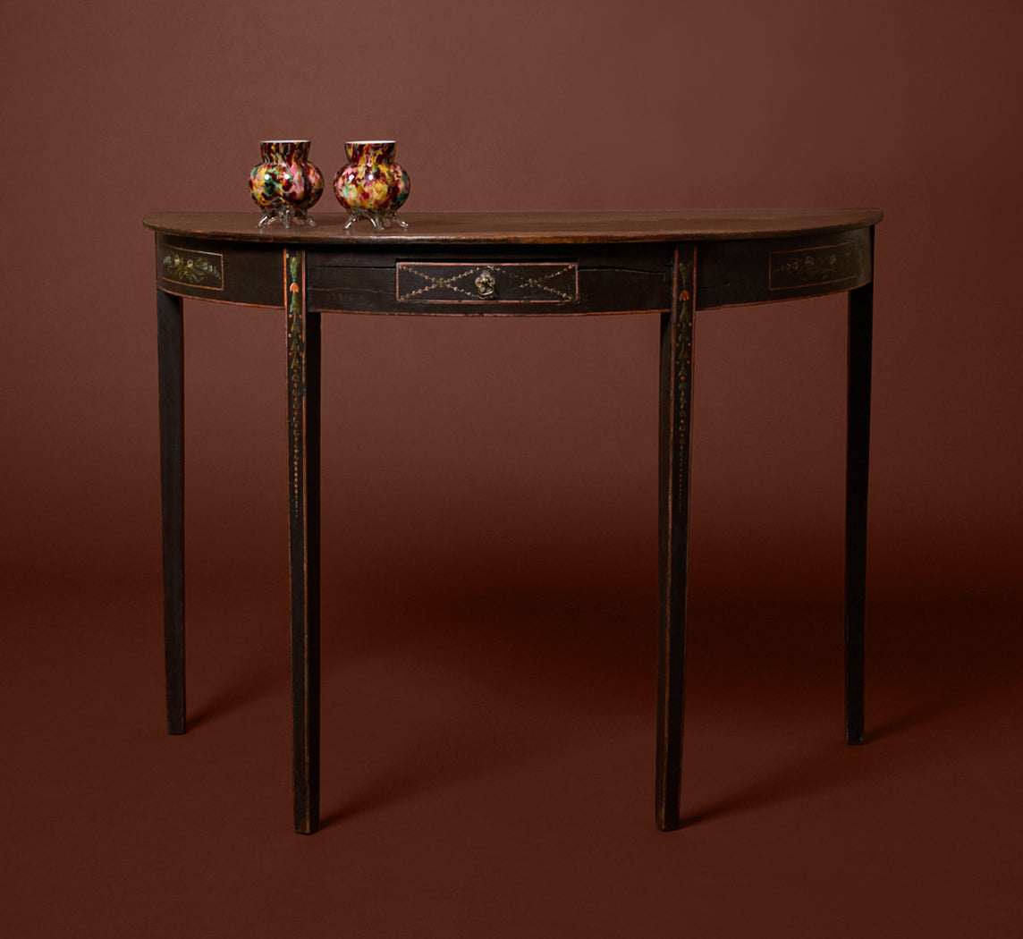 19TH CENTURY PAINT DECORATED DEMILUNE CONSOLE