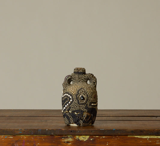 UNIQUE 20TH CENTURY FOLK ART MEMORY JUG WITH PEARL BEADS