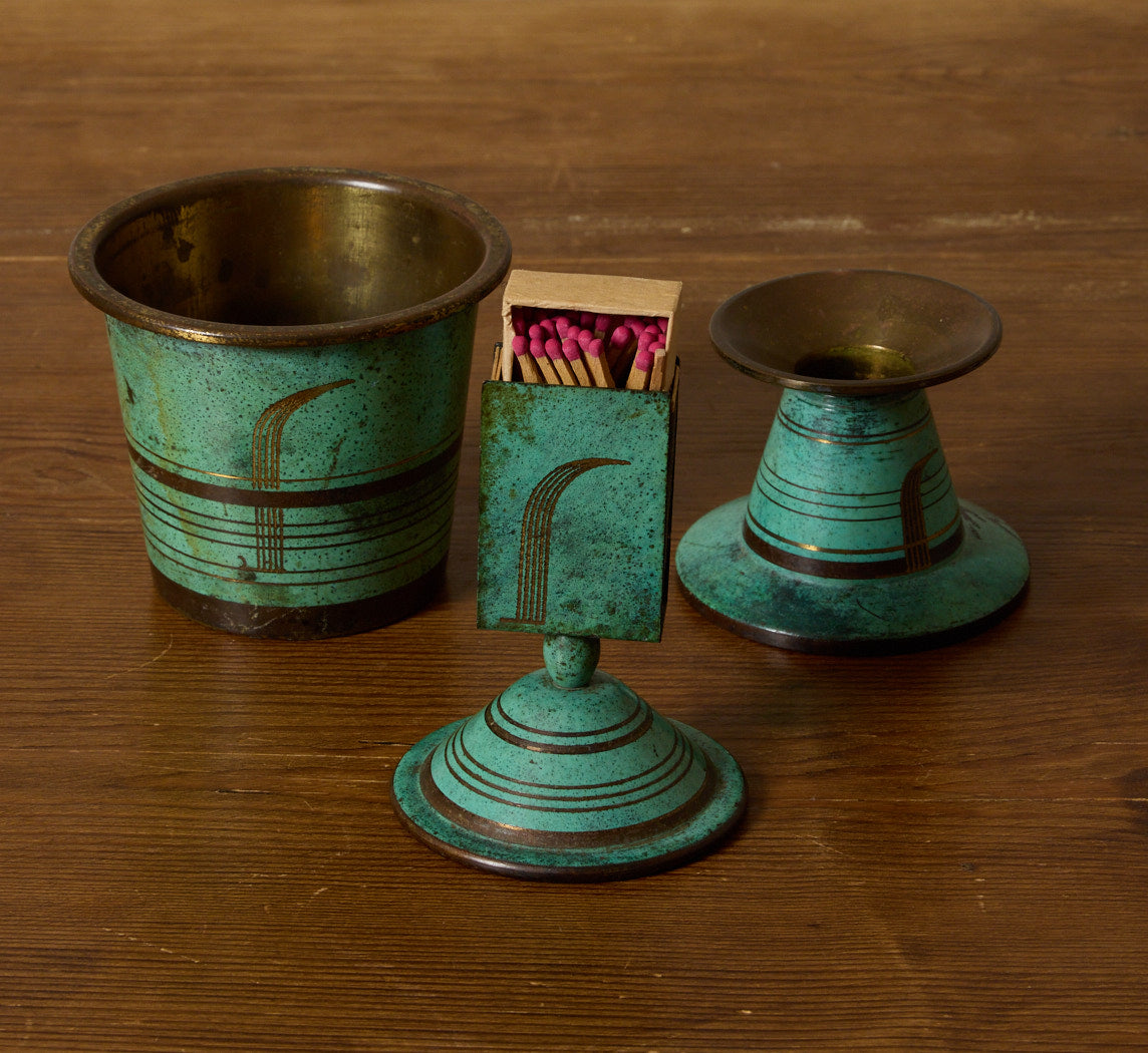 1920S ART DECO CANDLE & MATCHSTICK HOLDER SET BY PAUL HAUSTEIN FOR WMF
