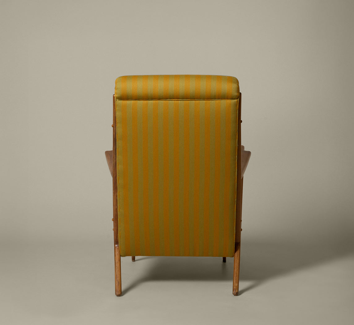 PAIR OF 1950S ITALIAN SCULPTURAL WALNUT UPHOLSTERED LOUNGE CHAIRS IN MAHARAM STRIPE