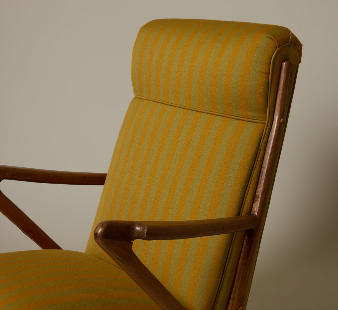 PAIR OF 1950S ITALIAN SCULPTURAL WALNUT UPHOLSTERED LOUNGE CHAIRS IN MAHARAM STRIPE