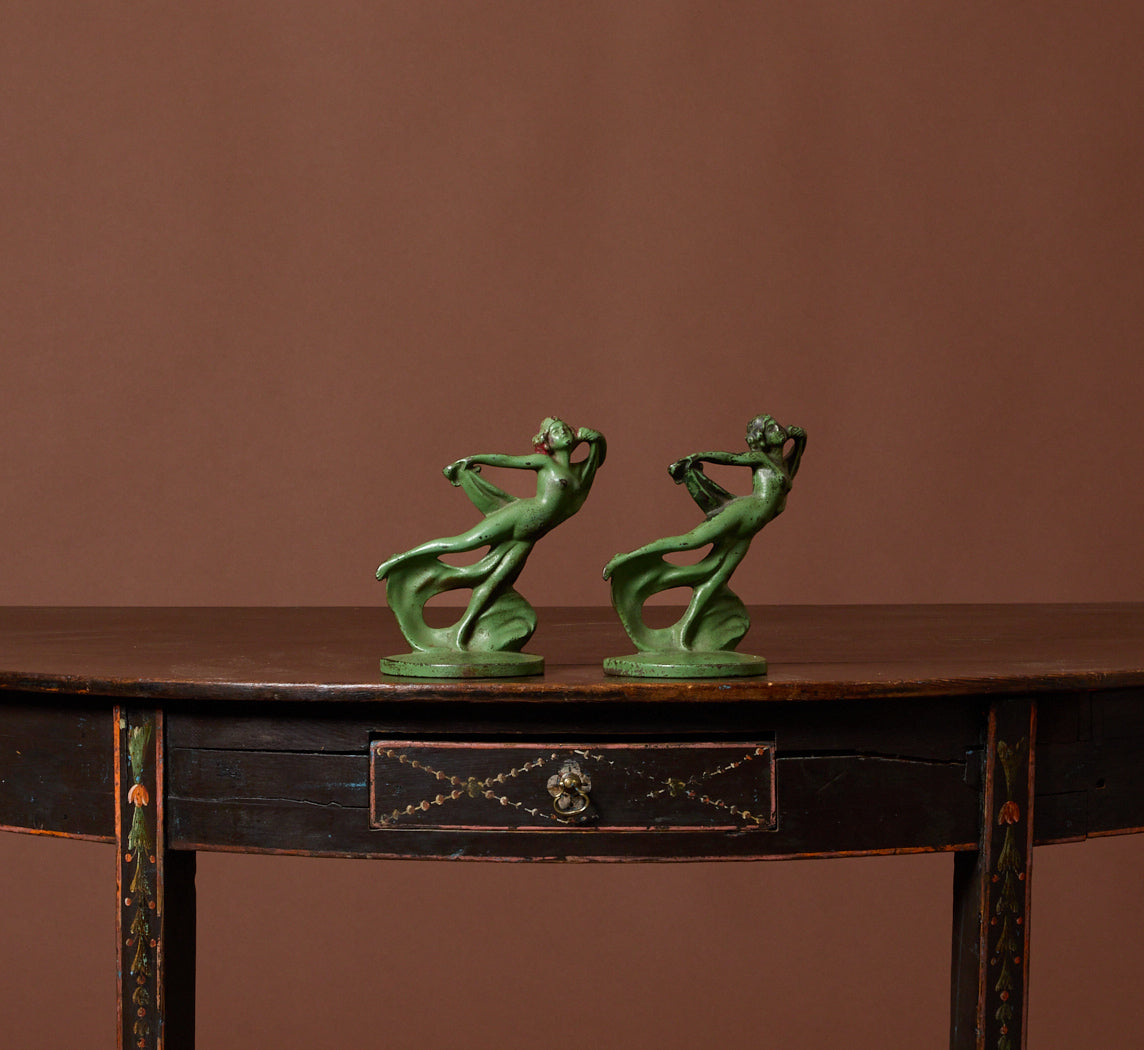 PAIR OF ART NOUVEAU VERDIGRIS DANCING NYMPH BOOKENDS