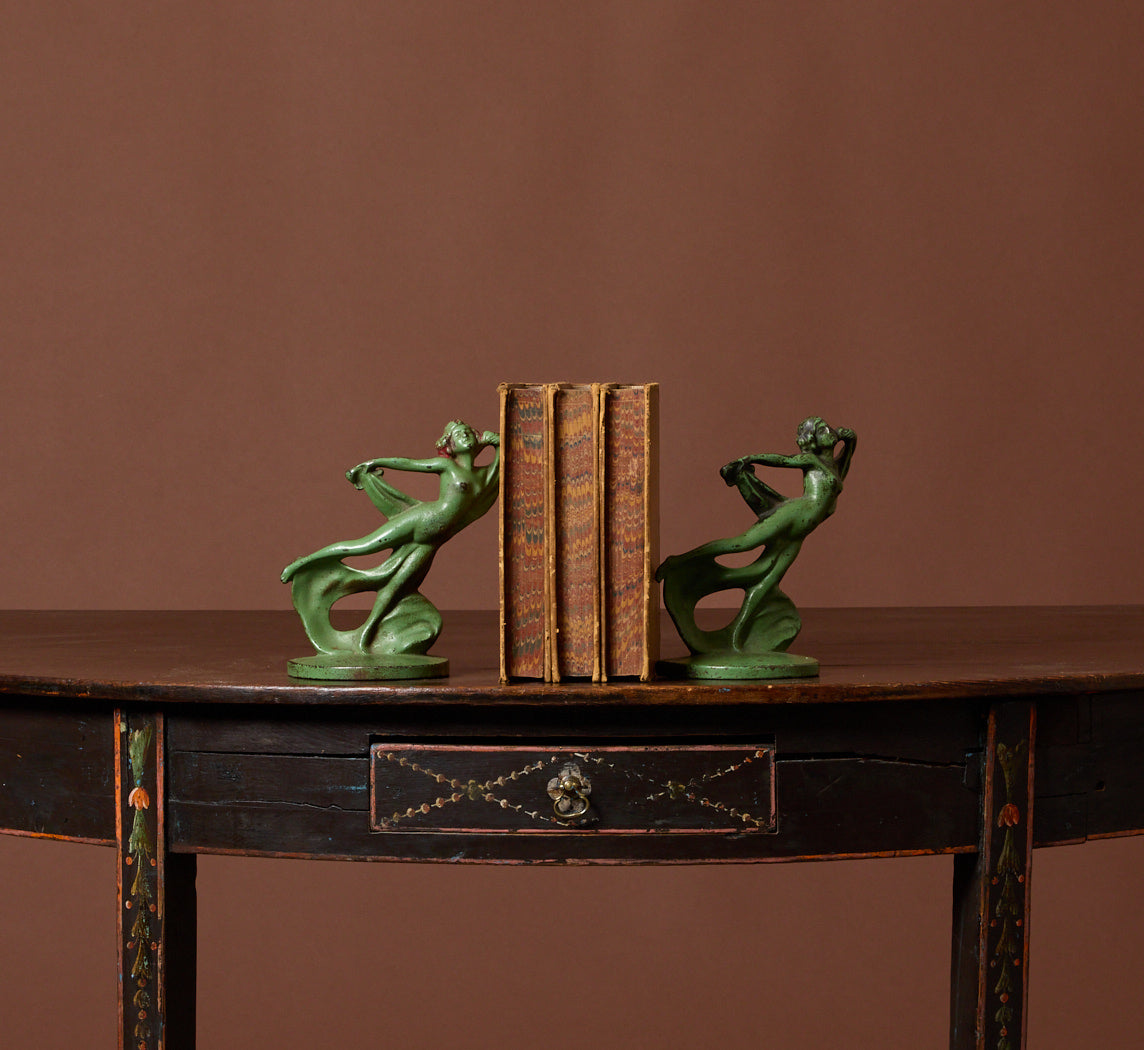PAIR OF ART NOUVEAU VERDIGRIS DANCING NYMPH BOOKENDS