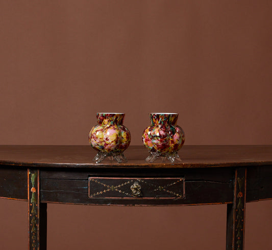 PAIR OF PETITE LATE 19TH CENTURY SPATTER GLASS FOOTED VASES