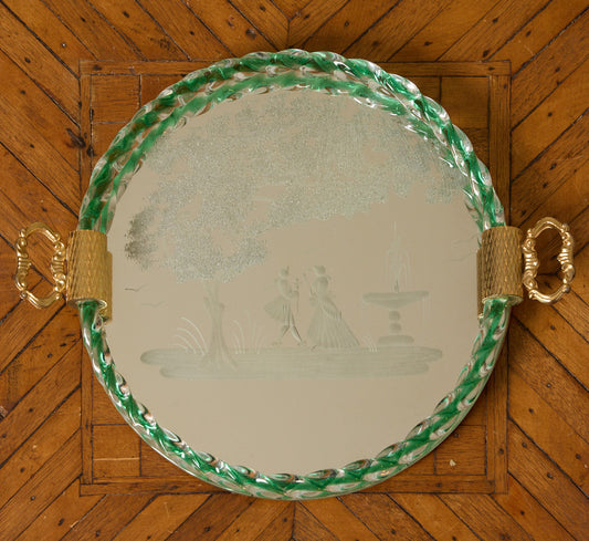1950S ITALIAN ROUND ETCHED MURANO GLASS TRAY WITH GREEN TWISTED EDGE