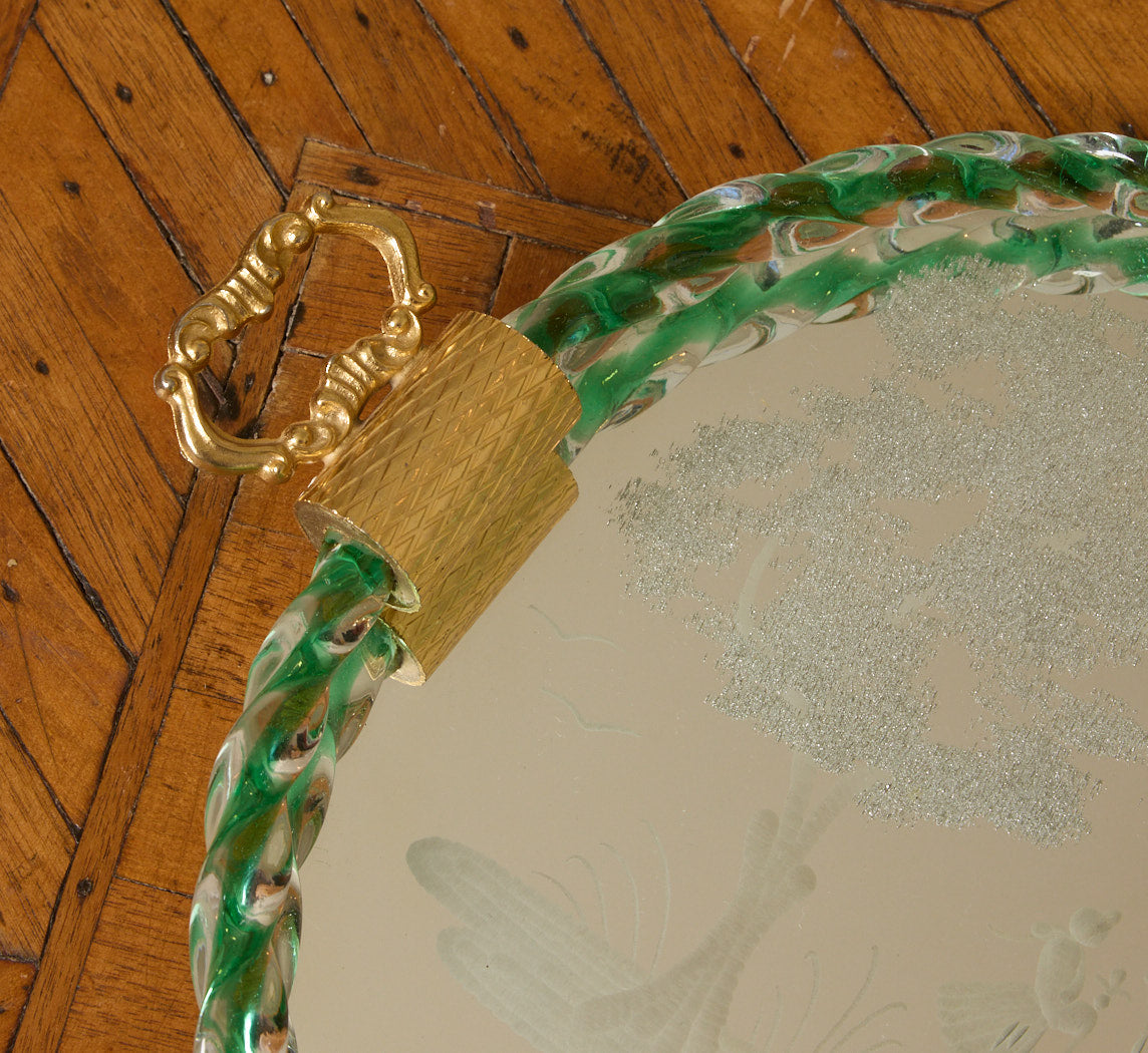 1950S ITALIAN ROUND ETCHED MURANO GLASS TRAY WITH GREEN TWISTED EDGE
