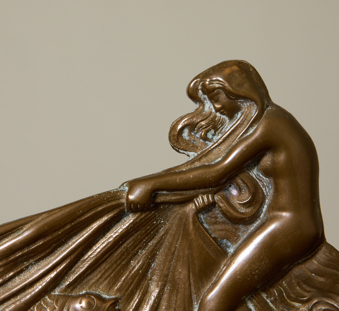 1920S FRENCH ART NOUVEAU "NYMPH WITH FISH" BRONZE PIN TRAY