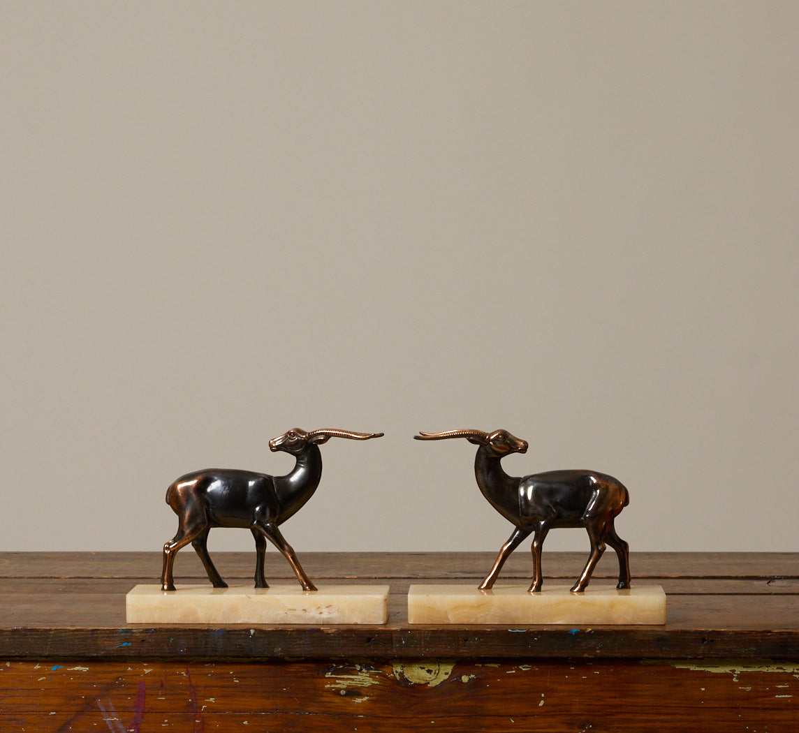 PAIR OF 1930S MARBLE & SPELTER GAZELLE BOOKENDS